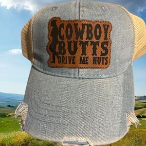 Jean Tan Trucker Hat with Cowboy Patch. Cowboy butts drive me nuts.